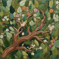 a painting of a tree with flowers and leaves on it's sides, surrounded by green foliage