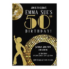 a 50th birthday party with disco ball and silhouettes on the front, black background