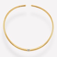 Trisolina Collar, Tubogas handcrafted in 18K Yellow Gold and Pavé Diamonds. Metal: Polished 18K yellow gold, Titanium and Silver inside spring Diamonds: 0.08ct This necklace measures 5mm thickness and comes in three sizes: Small: 107mm in diameter Medium: 117mm in diameter Large: 122mm in diameter Please note: Marina B ships internationally. If you would like to make a purchase outside of the United States, please contact us at info@marinab.com Formal Hallmarked Yellow Gold Diamond Necklace, Exquisite Yellow Gold Diamond Necklace For Formal Occasions, Classic Hallmarked Yellow Gold Diamond Necklace, Exquisite Yellow Gold Jewelry With Single Cut Diamonds, Gold Diamond Necklace With Brilliant Cut, Elegant Yellow Gold Diamond Necklace Hallmarked, Formal Yellow Gold Diamond Necklace With Single Cut Diamonds, Refined Gold Diamond Necklace With Brilliant Cut, Elegant Hallmarked Yellow Gold Diamond Necklace