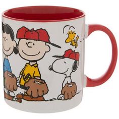 a red and white coffee mug with a cartoon image of two boys playing baseball on it