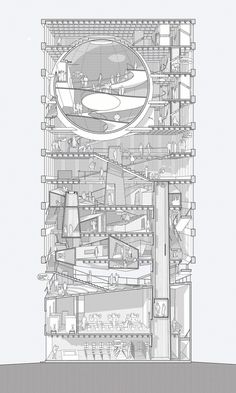 an architectural drawing of a building with multiple levels and sections that are connected to each other