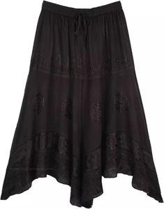 Medieval Handkerchief Black Maxi Skirt | Black | Embroidered, Handkerchief, Western, Renaissance, Halloween, Black-Skirts,Solid,Western-Skirts Flowy Rayon Lined Skirt, Flowy Elegant Rayon Skirt, Rayon Gathered Flared Skirt, Rayon Gathered Tiered Skirt, Rayon Flared Gathered Skirt, Rayon Midi Skirt With Gathered Details, Rayon Midi Gathered Skirt, Rayon Gathered Midi Skirt, Bohemian Asymmetrical Skirt For Fall