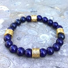 Handmade Gold Stretch Bracelet For Meditation, Gold Lapis Lazuli Beaded Bracelets With Round Beads, Gold Lapis Lazuli Spiritual Bracelets, Gold Beaded Lapis Lazuli Bracelets, Hand-strung Gold Lapis Lazuli Bracelets, Handmade Gold Beaded Lapis Lazuli Bracelets, Diy Beaded Bracelets, Lapis Jewelry, Lapis Lazuli Bracelet