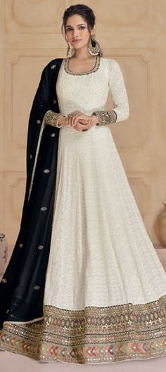 White and Off White color Gown in Georgette fabric with Embroidered, Sequence, Thread work Unique Lehenga, Floor Length Anarkali, Gown With Dupatta, Designer Anarkali Suits, Georgette Dupatta, Wedding Embroidery, Lehenga Style, Designer Anarkali, Anarkali Gown