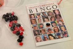 a birthday card and some candies on a table with a magazine in the background