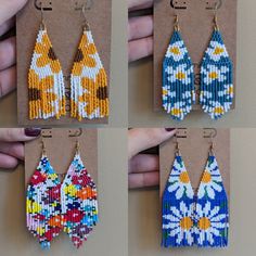 four pairs of beaded earrings are shown in three different colors and designs, one is yellow, the other is blue