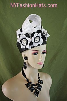 "Women's Black And White Sculptured Shaped Couture Designer Pillbox Wedding Bridal Hat Headpiece. This Formal Handmade Pillbox Hat Is Embellished With A Poly Straw Braid White Sculptured Shaped Bow Enhanced With Vintage Black And White Silk Millinery Flowers With White Stamen Centers. This Dramatic Statement Pillbox Hat Can Be Worn With The Bowing And Flowers Toward The Front Of The Face Or Back Of The Head. A Perfect Special Occasion Hat For The Holidays, Kentucky Derby, Horse Races, Church Tem Black High Crown Costume Hat For Wedding, Black High Crown Costume Hats And Headpieces For Wedding, Black High Crown Headpiece For Wedding, Elegant Black Ceremonial Costume Hats And Headpieces, Elegant Ceremonial Hat With Curved Brim, White Adjustable Cloche Hat For Evening, Traditional Fitted Costume Hats And Headpieces, Elegant Ceremonial Hat With Short Brim, Traditional Adjustable Hat For Formal Occasions