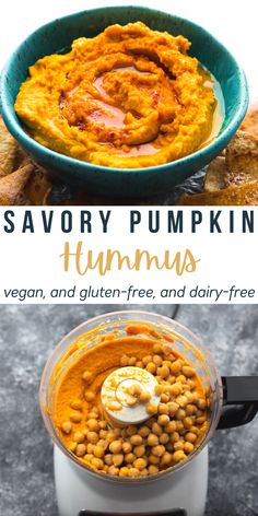 a bowl filled with hummus next to bread on top of a stove and the words savory pumpkin hummus