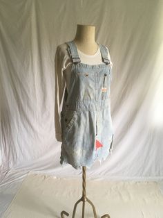 "vintage 1960s cut off overalls custom dress Penney's Payday Vest Bak hickory stripe cotton adjustable straps donut hole fly red patched authentic age wear- fray, fade, rips, button replaced on right waist measures, lying flat, bib top width-10\" bib length-10 1/2\" waist-17 1/2\" hip-21 1/2\" total length-31\" at shortest hem area and adjustable w/straps" Cotton Overalls With Frayed Hem, Cotton Overalls With Frayed Hem For Spring, Spring Cotton Overalls With Frayed Hem, Cotton Shortalls With Frayed Hem For Spring, Spring Cotton Shortalls With Frayed Hem, Vintage Cotton Shortalls For Spring, Vintage Overall Shortalls For Spring, Vintage Spring Shortalls Overalls, Vintage Spring Shortalls Overall