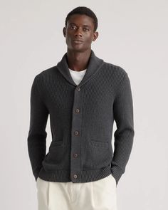 100% Organic Cotton Shawl-Collar Cardigan Sweater Mens Shawl Collar Cardigan, Cotton Shawl, Shawl Collar Cardigan, Silk Cami, Quarter Zip Sweater, Collar Cardigan, Ribbed Cardigan, Linen Blazer, Charcoal Color