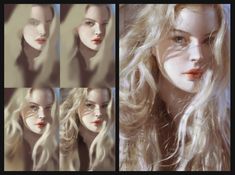 four different images of a woman with long blonde hair and blue eyes, in various poses