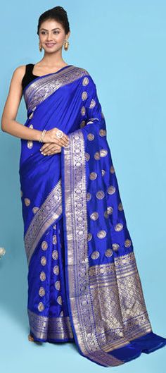 Blue color Saree in Banarasi Silk, Silk fabric with Weaving, Zari work Blue Art Silk Traditional Wear With Self Design, Blue Art Silk Traditional Wear For Diwali, Royal Blue Traditional Wear With Zari Work For Puja, Royal Blue Banarasi Silk Traditional Wear With Zari Weaving, Royal Blue Saree For Puja And Festive Occasions, Blue Dola Silk Saree For Reception, Royal Blue Banarasi Silk Dupatta For Puja, Royal Blue Art Silk Traditional Wear For Puja, Traditional Blue Meenakari Saree