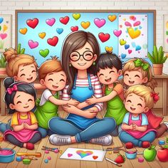 a woman sitting on the floor surrounded by children in front of a wall with hearts