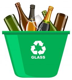 a green trash can filled with bottles and glasses