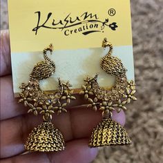 Excellent Condition Vintage Jhumkas For Wedding, Celebration Metal Jhumkas, Bohemian Gold Earrings With Peacock Design, Gold Peacock Design Danglers For Party, Gold Peacock Design Earrings For Party, Temple Earrings, Indian Jhumka, Rhinestone Ear Cuff, Tiger Eye Earrings