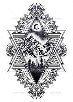 an artistic tattoo design with mountains and trees in the background, on white paper stock photo