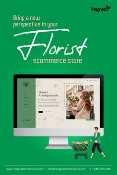 a woman walking past a computer screen with the words florist ecommer store on it