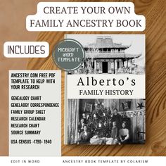 an advertisement for the family ancestor's book, featuring photos and information about their history