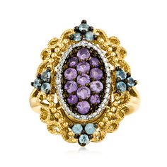 Ross-Simons - .70ct t. w. Amethyst, .40ct t. w. Sky Blue Topaz Ring, Diamond Accents Over Sterling. Size 8. Vibrant berry hues. Our elegantly styled ring sparkles with .70 ct. t. w. amethyst and .40 ct. t. w. sky blue topaz rounds. Finely crafted in polished 18kt yellow gold over sterling silver with sparkling diamond accents and milgrain details. Black rhodium. 1" wide. Sky blue topaz and amethyst ring. Amethyst birthstones are the perfect gift for February birthdays. Luxury Tanzanite Jewelry With Gemstone Accents, Oval Tanzanite Jewelry With Gemstone Accents, Exquisite Amethyst Rings With Gemstone Accents, Luxury Purple Multi-stone Sapphire Ring, Luxury Cluster Ring With Gemstone Accents, Purple Multi-stone Amethyst Ring In Fine Jewelry Style, Fine Jewelry Yellow Gold Gemstones With Diamond Accents, Multi-stone Amethyst Ring In Yellow Gold, Fine Jewelry Amethyst Ring With Accent Stones