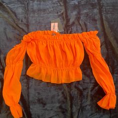 Brand New W/Tags Summer Long Sleeve Party Tops, Summer Tops With Ruffles For Night Out, Summer Ruffle Tops For Night Out, Summer Ruffled Tops For Night Out, Fitted Cropped Orange Top, Fitted Orange Cropped Top, Orange Tops For Fall Party, Orange Top For Fall Party, Orange Party Top For Fall