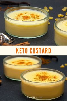 two glasses filled with keto custard on top of a table