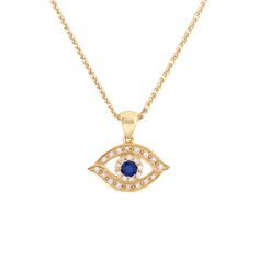 This luxurious pendant will help ward off the evil eye and keep your safe! This magnificent pendant, set in yellow gold, displays a diamond encrusted Evil Eye with a large center sapphire (the all-staring pupil). This diamond-paved outline of an Evil Eye pendant is a modern twist on a timeless symbol. Twenty-five sparkling diamonds and a large center-sapphire are set in a thick yellow-gold border with an ultra-high-shine finish. From the back, the pendant is a golden, pared down version of the e Yellow Gold Diamond Evil Eye Jewelry, Yellow Gold Diamond Jewelry With Evil Eye, Diamond Evil Eye Jewelry In Yellow Gold, Gold Diamond Jewelry With Evil Eye, Gold Diamond Jewelry With Evil Eye Detail, Diamond Evil Eye Pendant Necklace, Yellow Gold Eye Necklaces With Diamond Eyes, Jewish Symbol, Vs1 Diamond