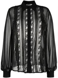 black semi-sheer construction floral-lace detailing classic collar concealed front button fastening long puff sleeves buttoned cuffs straight hem Black Lace Blouse With Sheer Sleeves, Classic Sheer Blouse For Work, Luxury Long Sleeve Tops With Lace Trim, Classic Sheer Blouse For Fall, Black Button-up Blouse With Sheer Sleeves, Black Sheer Sleeves Button-up Blouse, Daywear Long Sleeve Blouse With Sheer Sleeves, Fall Sheer Collared Blouse, Designer Sheer Long Sleeve Tops