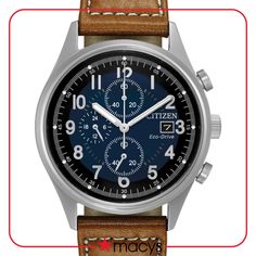 in stock Brown Leather Strap Watch, Light Brown Leather, Leather Strap Watch, Eco Drive, Brown Leather Strap, Brushed Stainless Steel, Chronograph Watch, Stainless Steel Case, Chronograph