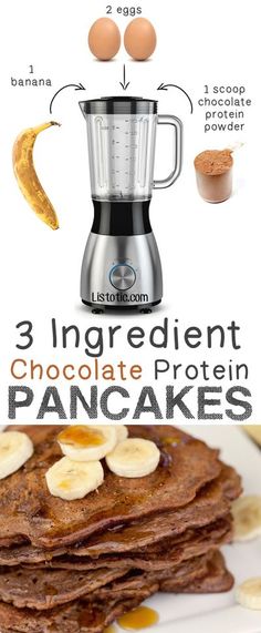 three ingredients to make chocolate protein pancakes in a blender and then stacked on top of each other