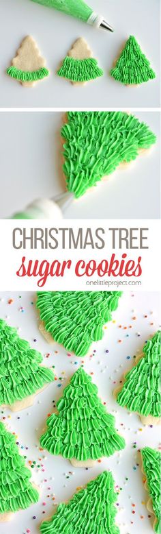 christmas tree sugar cookies are decorated with green icing and sprinkles to look like trees