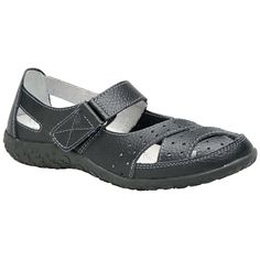 Fashion, Function & Comfort With high-quality genuine leather uppers and linings that are naturally soft, light, and airy - you'll think you're wearing sandals! Comfy padded insoles remove to accommodate custom orthotics. Velcro cross strap design adjusts easily. TPR outsole with a cute floral pattern tread gives super traction. 1" heel. No rush delivery. Specify European size & width: 36(51/2-6), 37(61/2-7), 38(71/2-8), 39(81/2), 40(9), 41(91/2-10), or 42(101/2-11); Medium, Wide, or Wid Running Stride, Sandals Comfy, Jogging Shoes, Jane Shoes, Strap Design, Hush Puppies, Mary Jane Shoes, Shoe Store, Buy Shoes