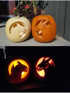 two pumpkins with carved animals on them, and one has a dragon in the center