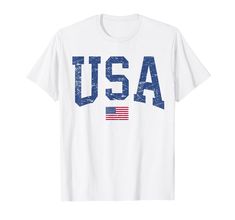 an american flag t - shirt with the word usa in blue and white on it