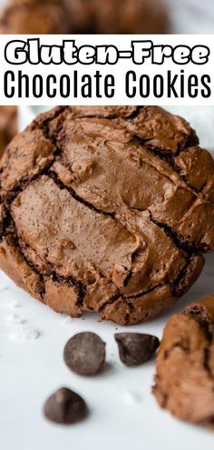 gluten - free chocolate cookies on a plate with text overlay that reads gluten - free chocolate cookies