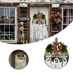 an image of halloween decorations in front of a storefront with skeletons and wreaths