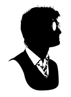 the silhouette of a man in a suit and tie, with glasses on his face