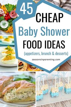 collage of finger foods and desserts Baby Boy Food Shower Ideas, Baby Shower Food On A Budget, Baby Shower Foods On A Budget, Shower Snacks Appetizers, Snacks For Baby Shower Boy, Baby Shower Salad Bar, Food To Serve At Baby Showers, Finger Sandwiches For Baby Shower