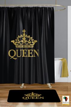 a black and gold shower curtain with the word queen printed on it