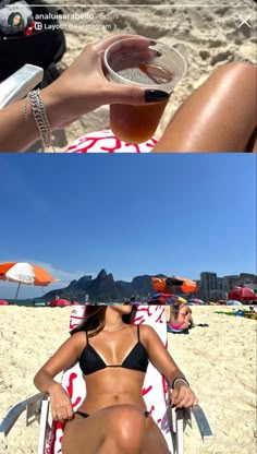 a woman sitting in a chair on top of a beach next to a cup of tea