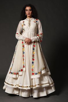 Rohit Bal | Ivory Chanderi Anarkali Set | INDIASPOPUP.COM Luxury Cotton Silk Anarkali Set With Intricate Embroidery, Luxury Anarkali Set With Pallu, Luxury Anarkali Chikankari Embroidered Fabric, Luxury Anarkali Chinon Palazzo Set, Luxury Anarkali Salwar Kameez With Motifs, Luxury Cotton Anarkali Salwar Kameez, Luxury Anarkali Embroidered Dress In Raw Silk, Luxury Anarkali Style Chanderi Sharara, Luxury Anarkali Choli In Organza