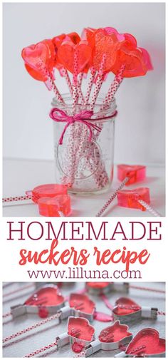 homemade sucker recipe in a mason jar with pink flowers and hearts on the table next to it