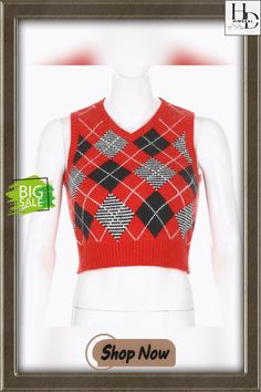 Preppy Style Knitted Sweater Vest Women V Neck Sleeveless Argyle Plaid Pullover Vests Female Autumn Vintage 90s Knitwear Mujer 90s Knitwear, Style Knitted Sweater, Egirl Outfits, Vintage Knitwear, Plaid Pullover, Cropped Knit Sweater, Plaid Outfits, Vintage Crop Tops, Vest Women