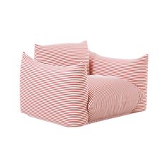 two red and white striped pillows sitting next to each other