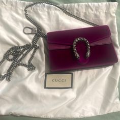 Gucci Evening Bag Purple Velvet Silver-Tone Hardware Leather Trim Chain-Link Shoulder Strap Crystal & Chain-Link Accents Suede Lining Snap Closure At Front Includes Dust Bag Crystal Chain, Purple Bags, Purple Velvet, Gucci Bags, Leather Trim, Leather Trims, Evening Bags, Chain Link, Snap Closure