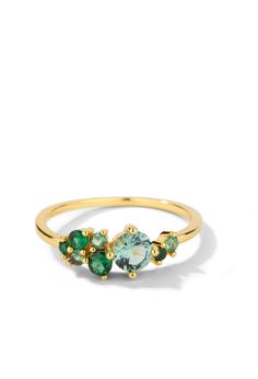 Gold Ring w/ Multi Colored Green Crystals | Fern by Oomiay Green Multi-stone Emerald Rings, Green Multi-stone Emerald Ring For May Birthstone, Green Emerald Cluster Ring With Multi-stones, Green Multi-stone Rings For May Birthstone, Green Birthstone Ring In 14k Gold, Elegant Green Cluster Ring For May Birthstone, Green Multi-stone Crystal Promise Ring, Green Multi-stone Birthstone Ring Gift, Green Cluster Multi-stone Rings