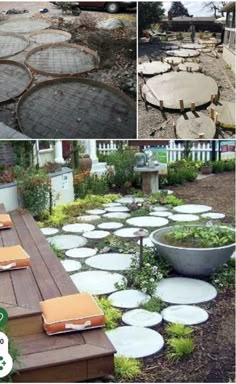 several different pictures of an outdoor area with stepping stones and plants in the middle, including a bench made out of concrete slabs