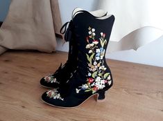 "A set of 3 files to use for your own Pinet boots! These consist of the side flowers, the flowers on the front of the boot, as well as the flowers on the back of the heel. These can be used on many embroidery machines as the largest file size is 9.5\" x 5.5\" with only 23 color changes. These are pes files, and an online converter can be used to convert them to a file of your choice. Yes! I finally made a pattern that is friendly to many different types of embroidery machines! Enjoy! Please note Boot Embroidery, 18th Century Pockets, Boots Victorian, Pixie Boots, Embroidered Boots, Boots Patterns, Types Of Embroidery, Vintage Gowns, Embroidery Machines