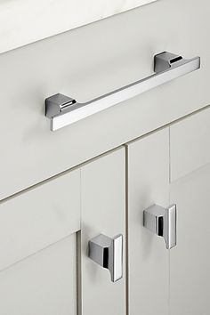 a close up of two handles on a cabinet door