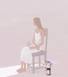 a painting of a woman sitting on a chair next to a vase with flowers in it