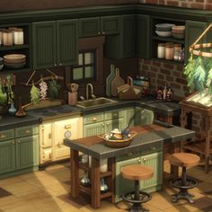 an animated kitchen with green cabinets and stools